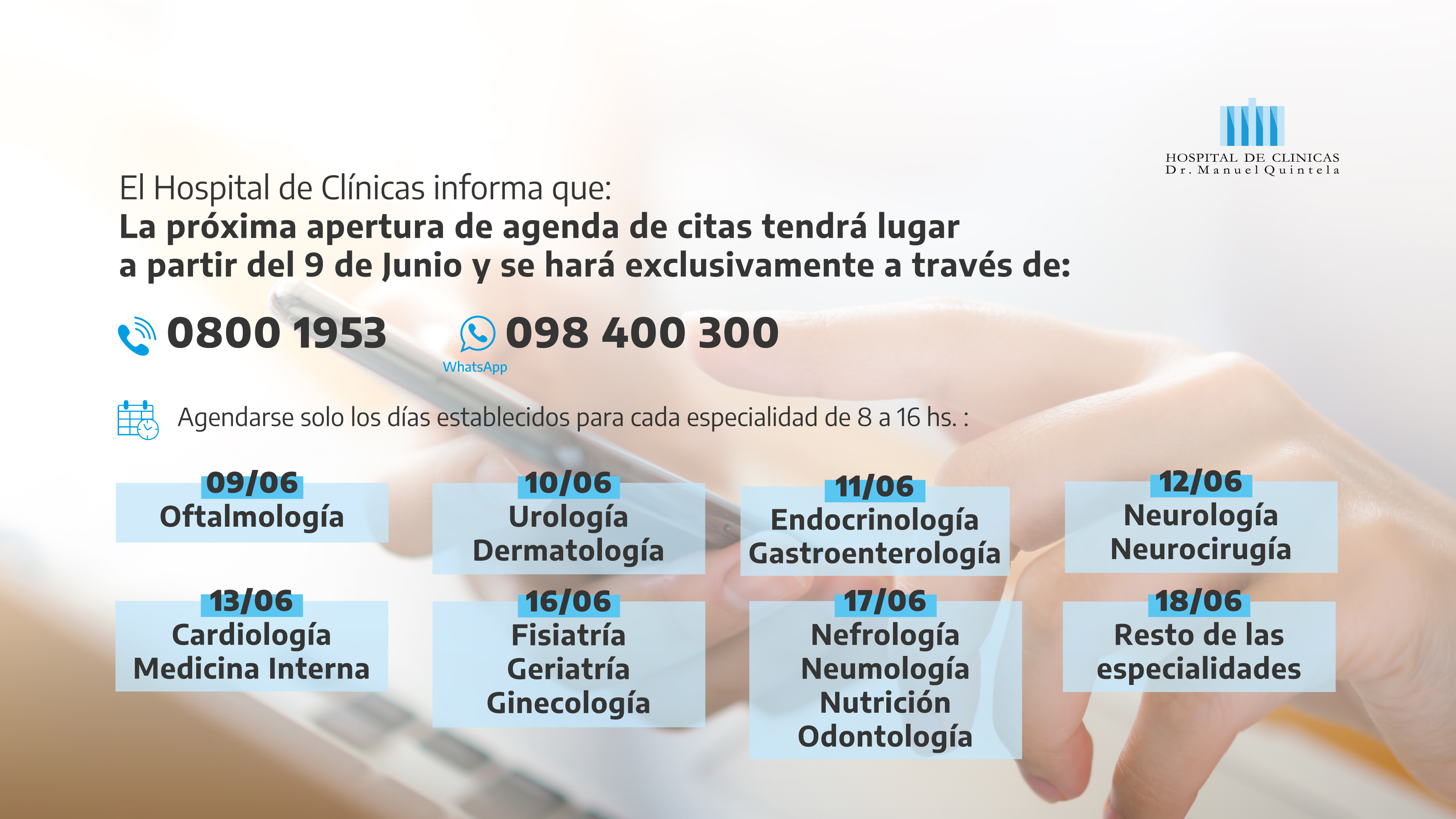 Informamos la próxima apertura de agenda de citas a partir del lunes 9 de junio